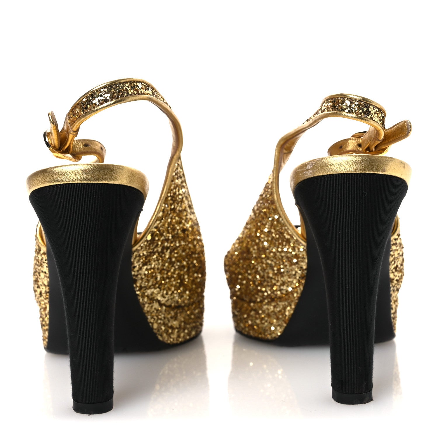 Chanel Glitter Grosgrain Cap Toe CC Slingback Pumps 38 Gold Black 6 of 13