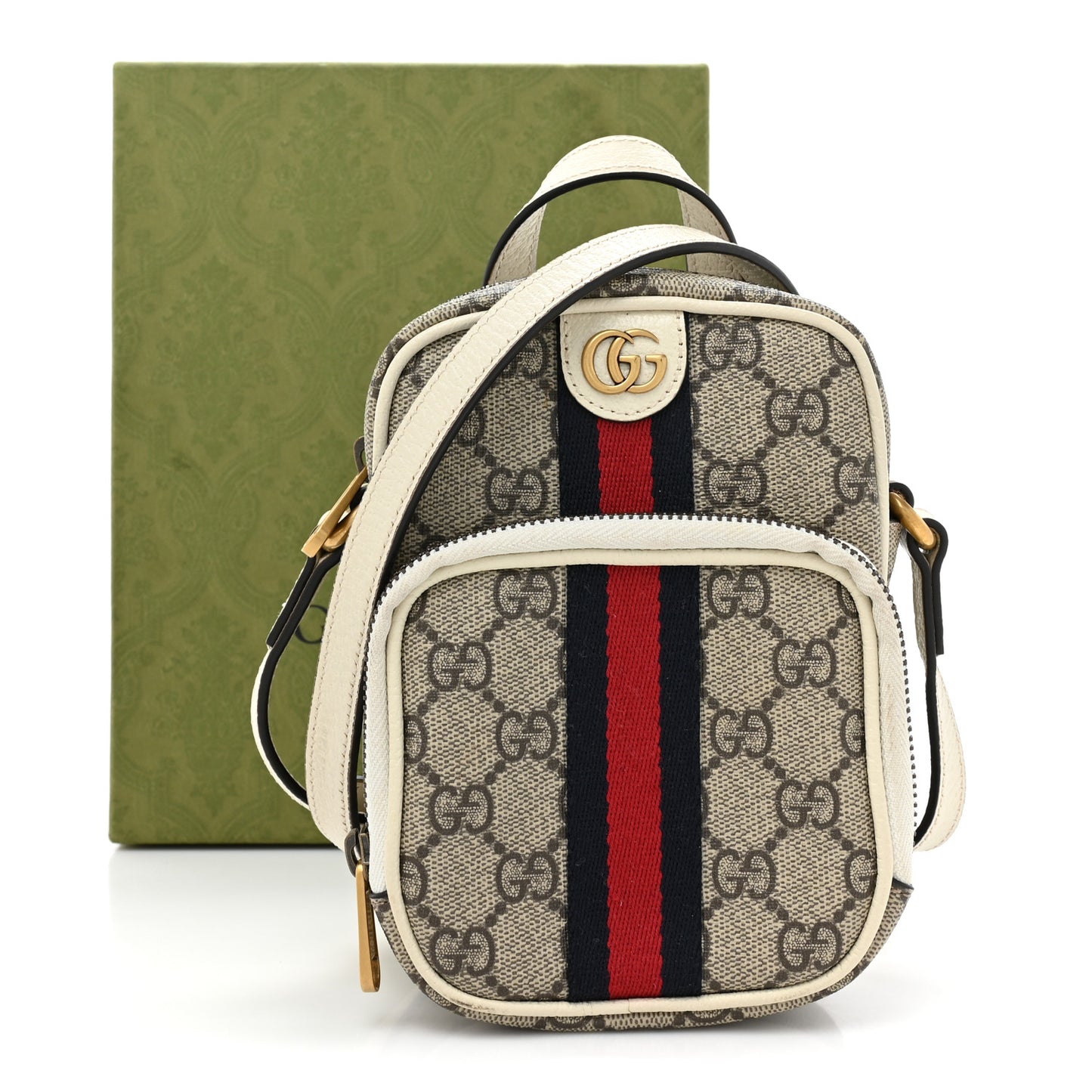 GG Supreme Monogram Web Mini Ophidia Double Zip Messenger Bag Beige Ebony Mystic White