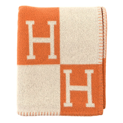 Hermes Wool Cashmere Signature Classic Avalon Blanket Ecru Potiron 1 of 3