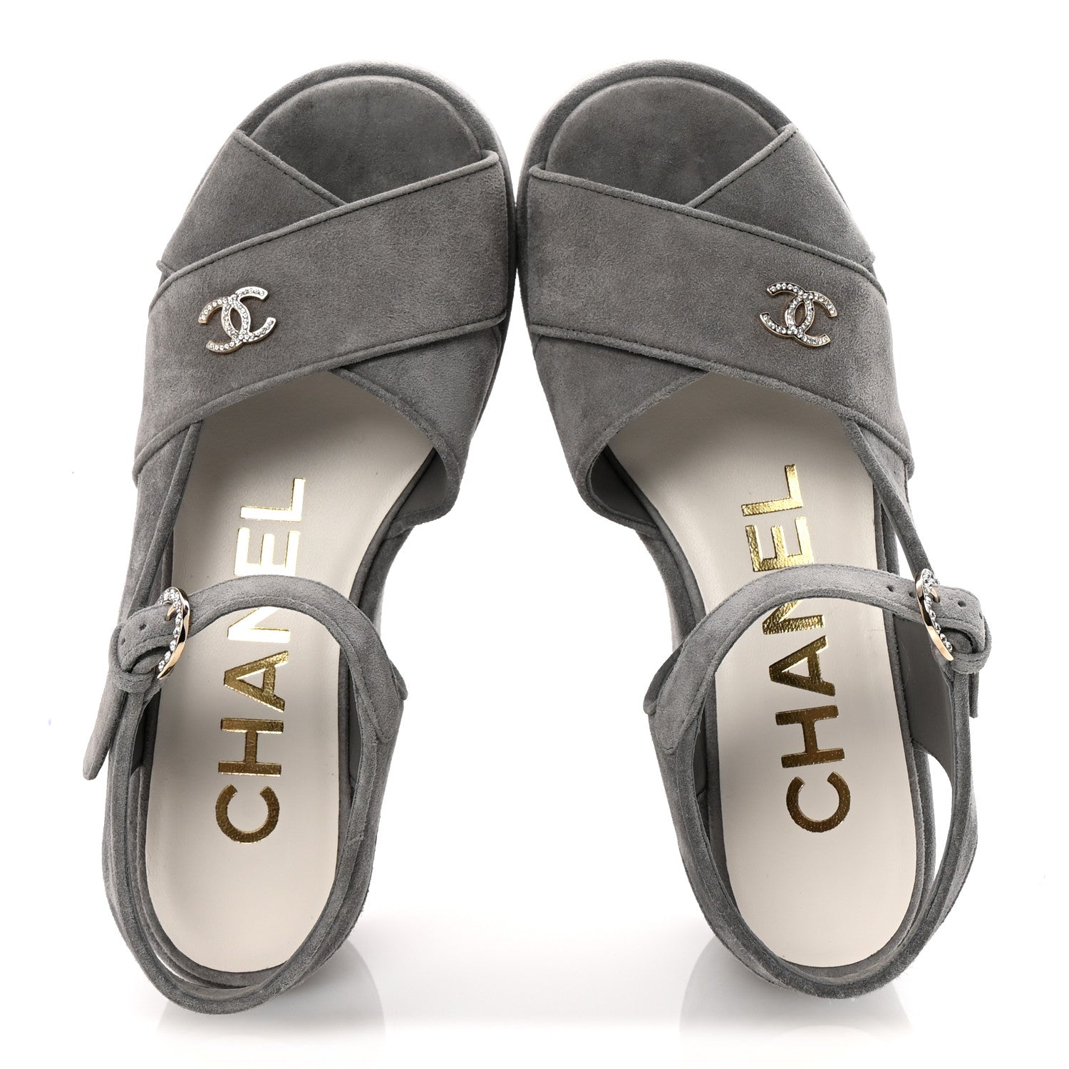 Chanel Suede Calfskin Peep Toe Wedge Sandals 37 Grey 2 of 9