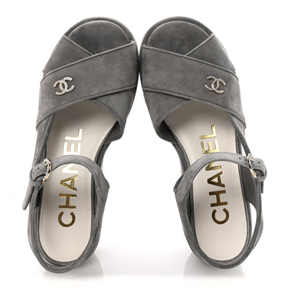 Chanel Suede Calfskin Peep Toe Wedge Sandals 37 Grey 2 of 9