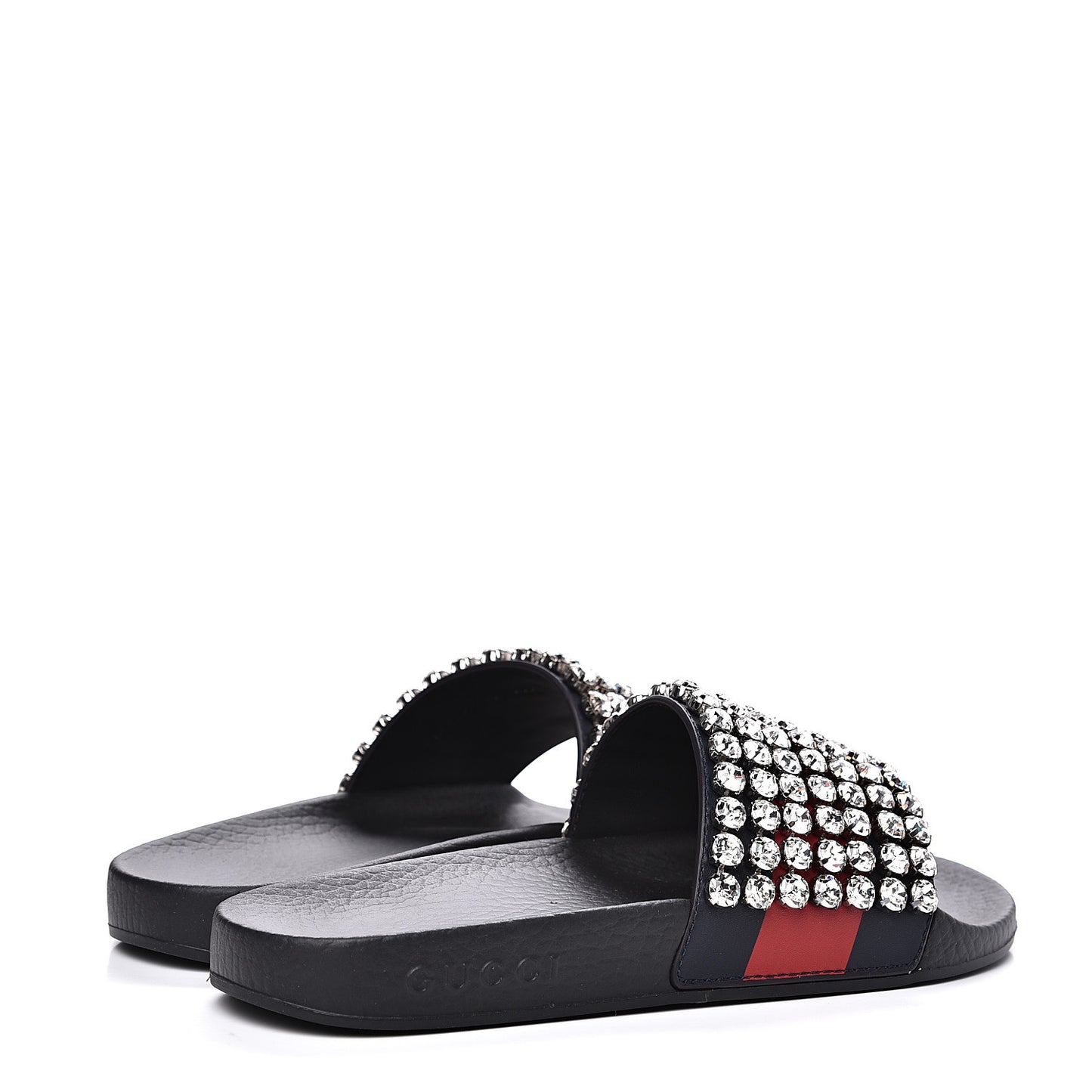 Calfskin Crystal Embellished Web Slide Sandals 36 Blue Red