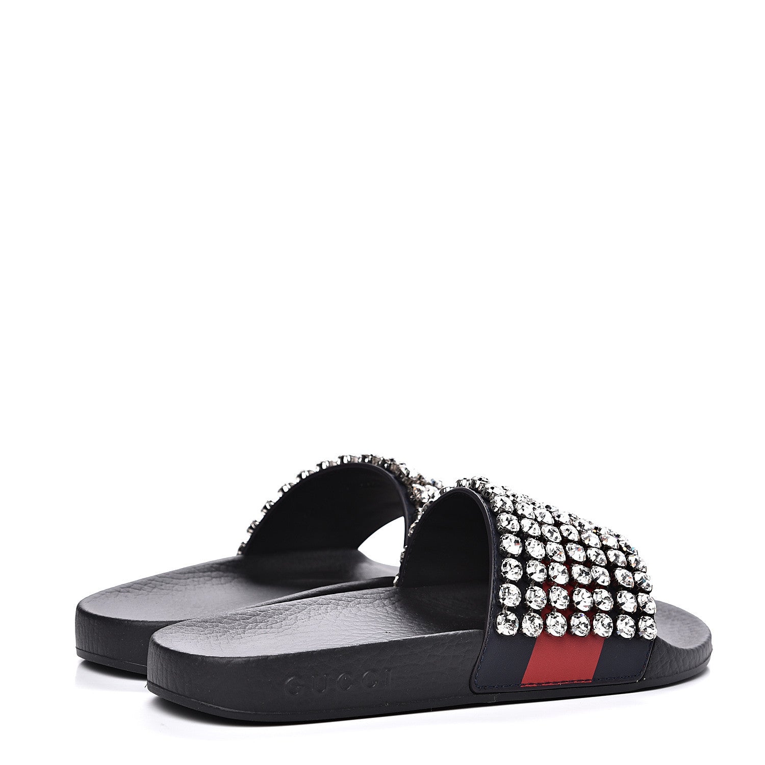 Gucci Calfskin Crystal Embellished Web Slide Sandals 36 Blue Red 5 of 8
