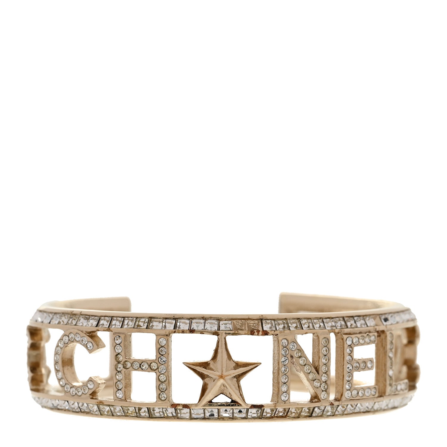 Chanel Crystal Baguette Logo Cuff Bracelet Gold 1 of 6