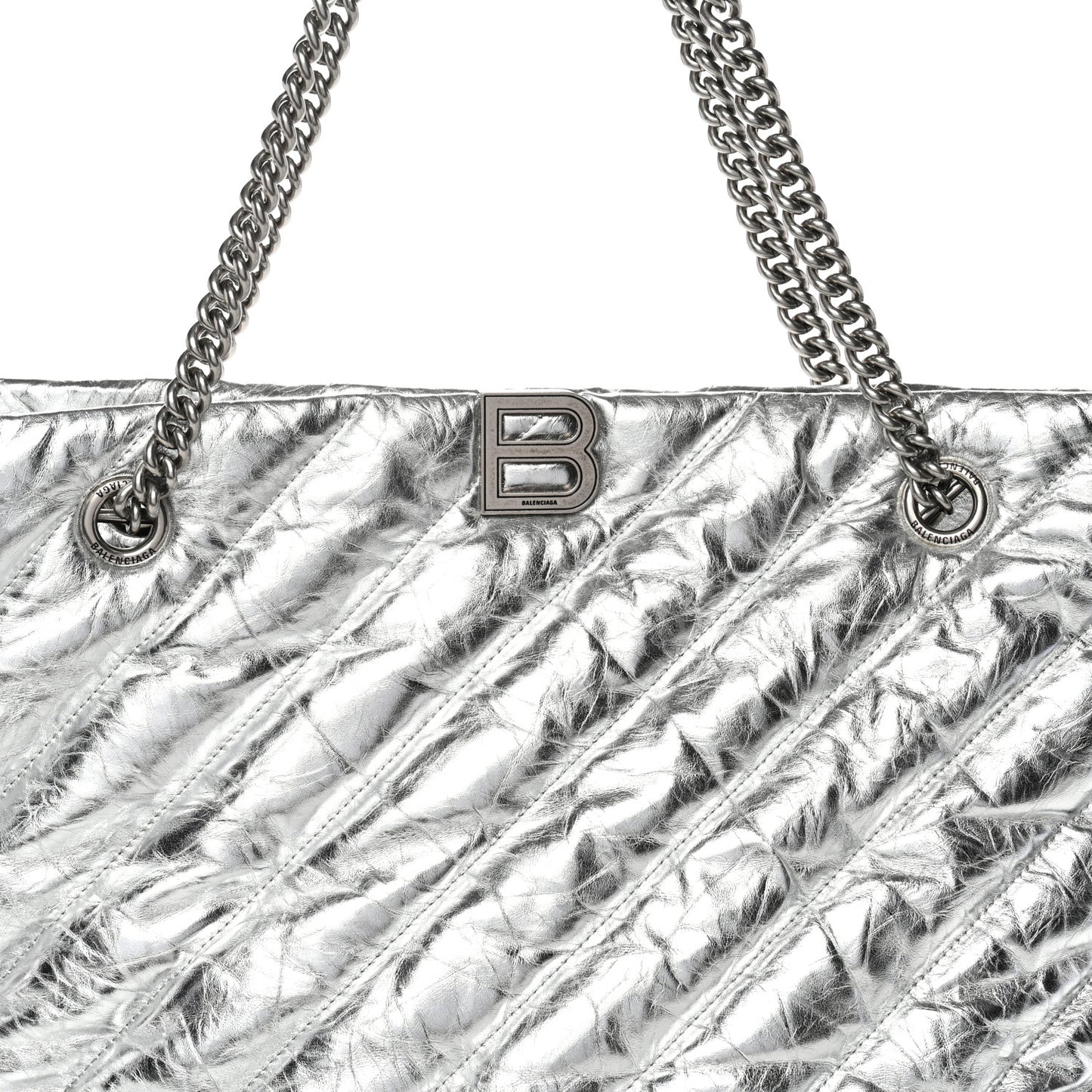 Metallic Crushed Calfskin Quilted Medium Crush Carry All Tote Bag Silver