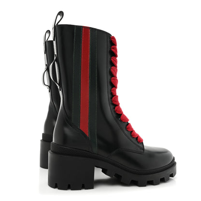 Gucci Magnum Calfskin Cirano Lux Web Lace Up Tall Combat Boots 36.5 Black Verde Hibiscus Red 5 of 10