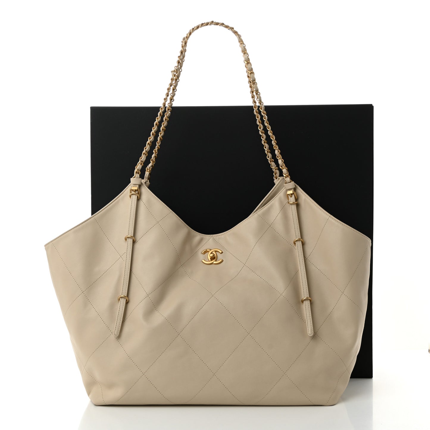 Calfskin Quilted Maxi Shopping Bag Beige