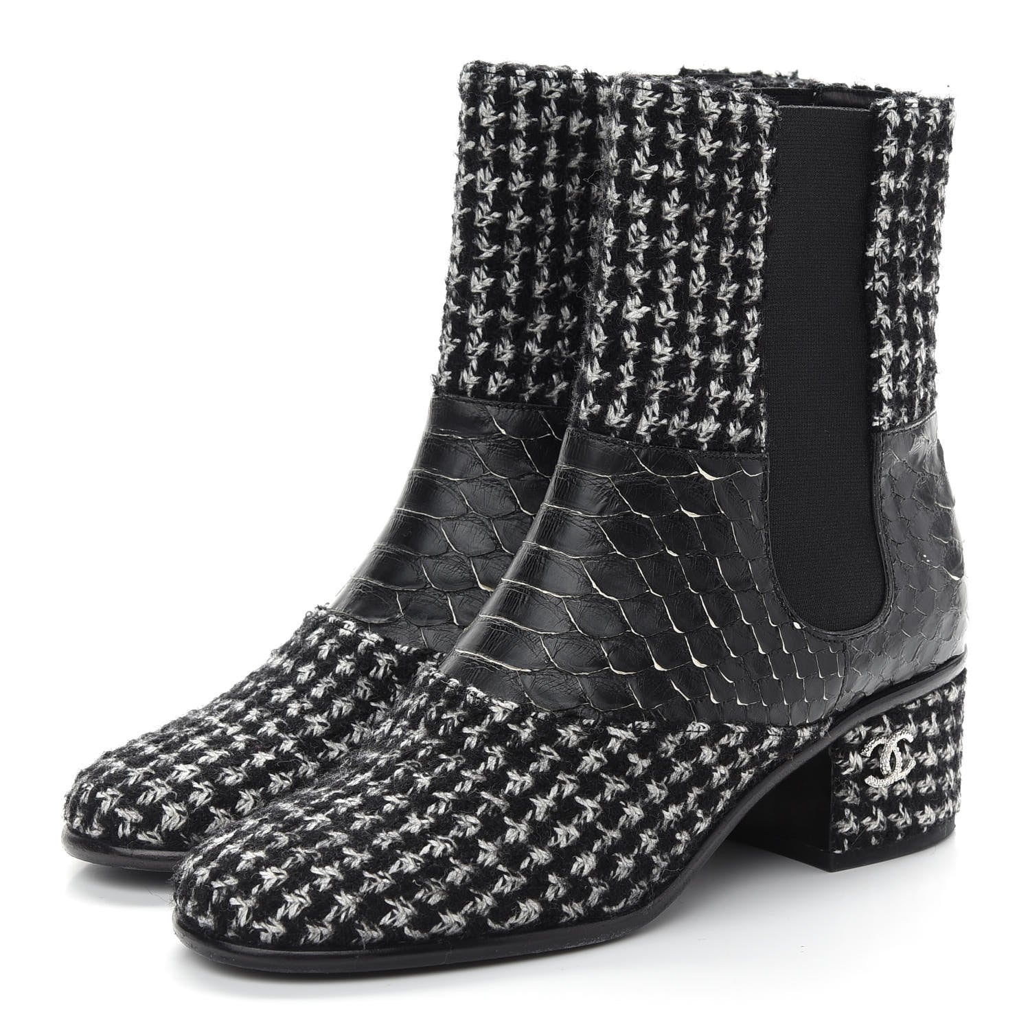 Chanel Fantasy Tweed Snakeskin Short Boots 37 Black 3 of 8
