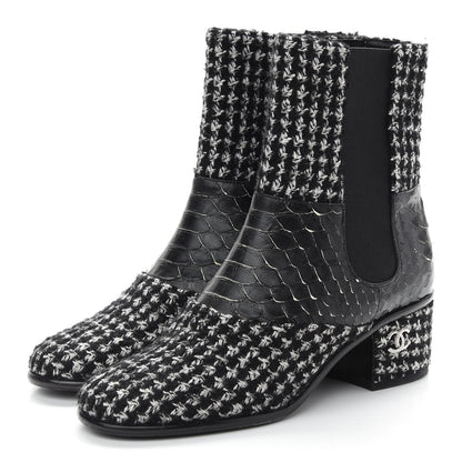Chanel Fantasy Tweed Snakeskin Short Boots 37 Black 3 of 8