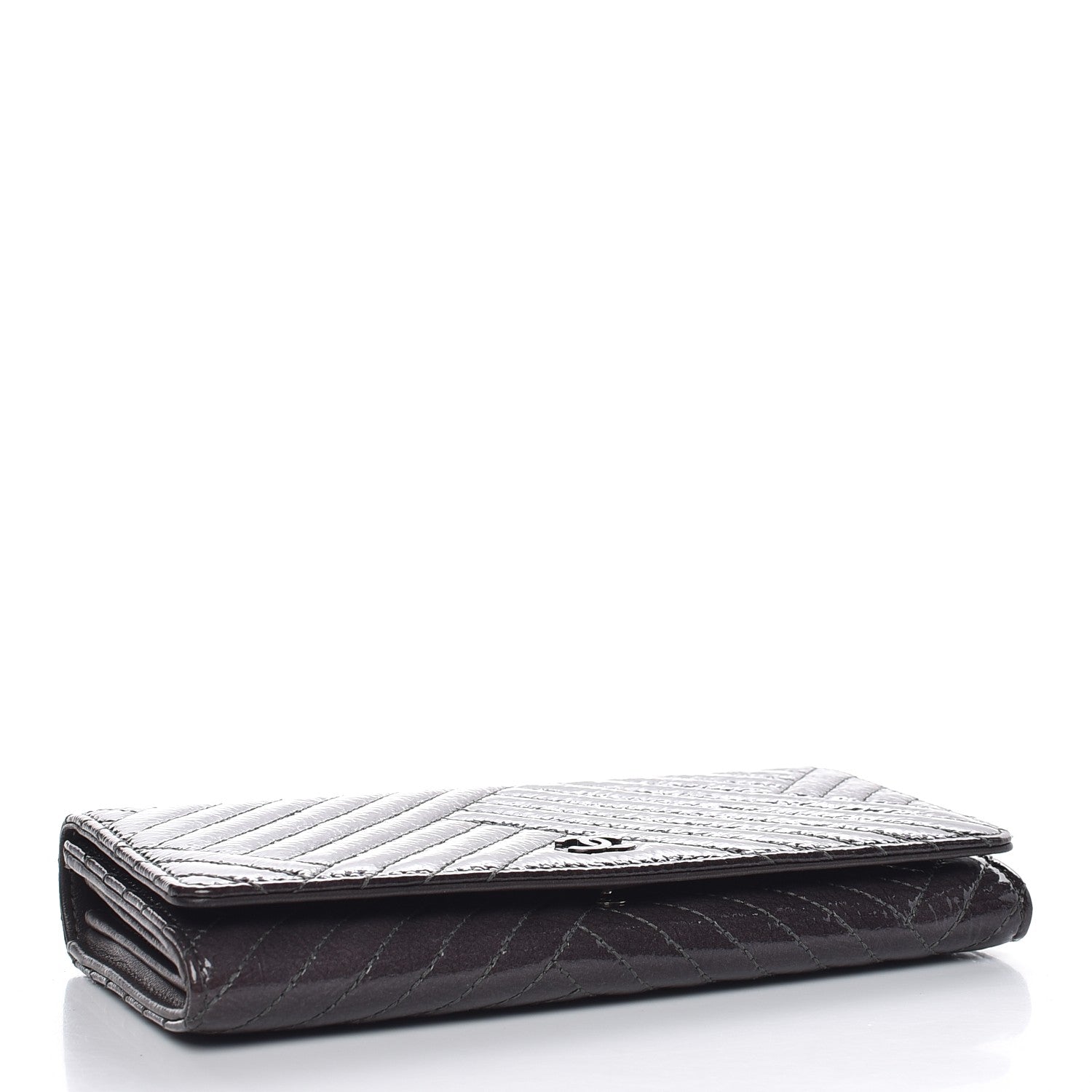 Chanel Distressed Patent Chevron Quilted CC Crossing Long Flap Wallet Grey 4 of 11