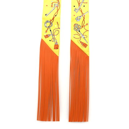 Hermes Silk Calfskin Les Cles A Pois Fringed Twilly Jaune Argent Orange Vif 2 of 4