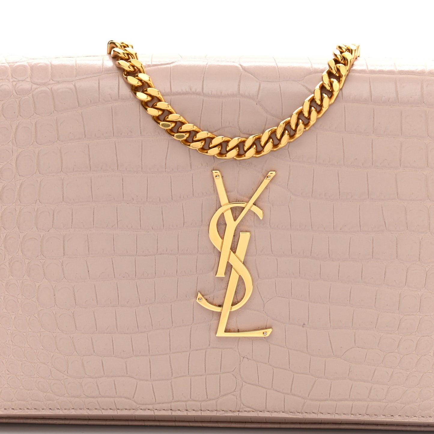 Calfskin Crocodile Embossed Monogram Chain Wallet Rose Antic