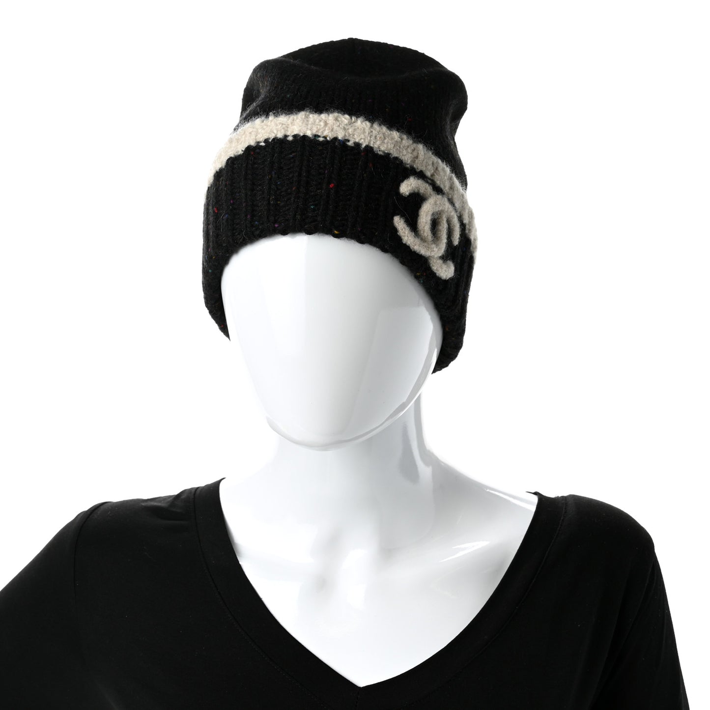 Cashmere Silk CC Beanie Hat Black Ecru