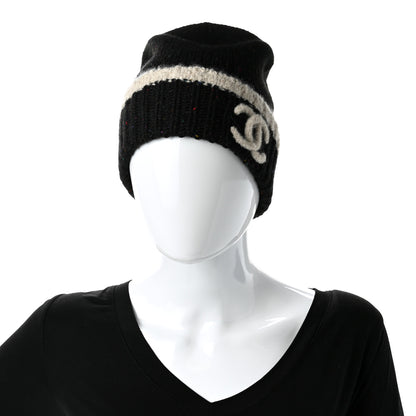 Chanel Cashmere Silk CC Beanie Hat Black Ecru 2 of 4