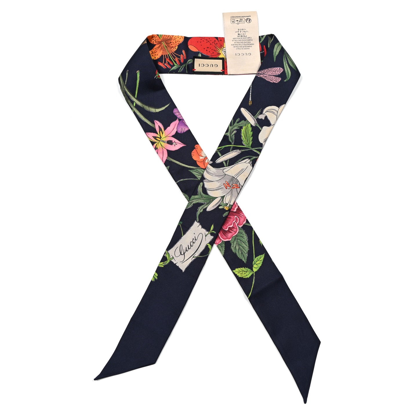 Silk Twill GG Monogram Floral Print Neck Bow Scarf Black Multicolor