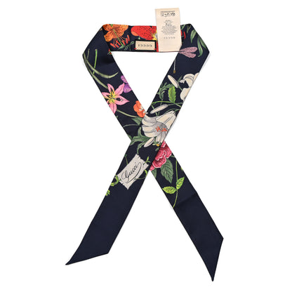 Gucci Silk Twill GG Monogram Floral Print Neck Bow Scarf Black Multicolor 1 of 3