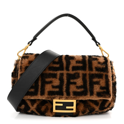 Fendi Shearling Vitello Dolce Macro FF 1974 Baguette Tobacco Black 1 of 10