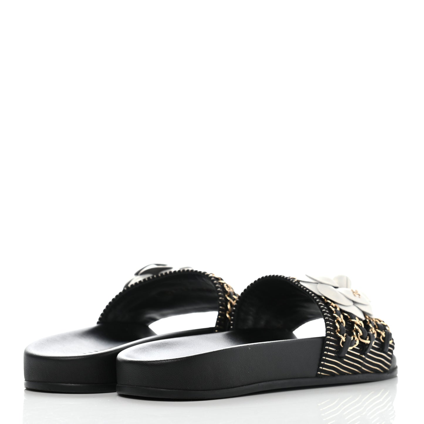Calfskin Chain Camellia Flat Sandals 36 Black