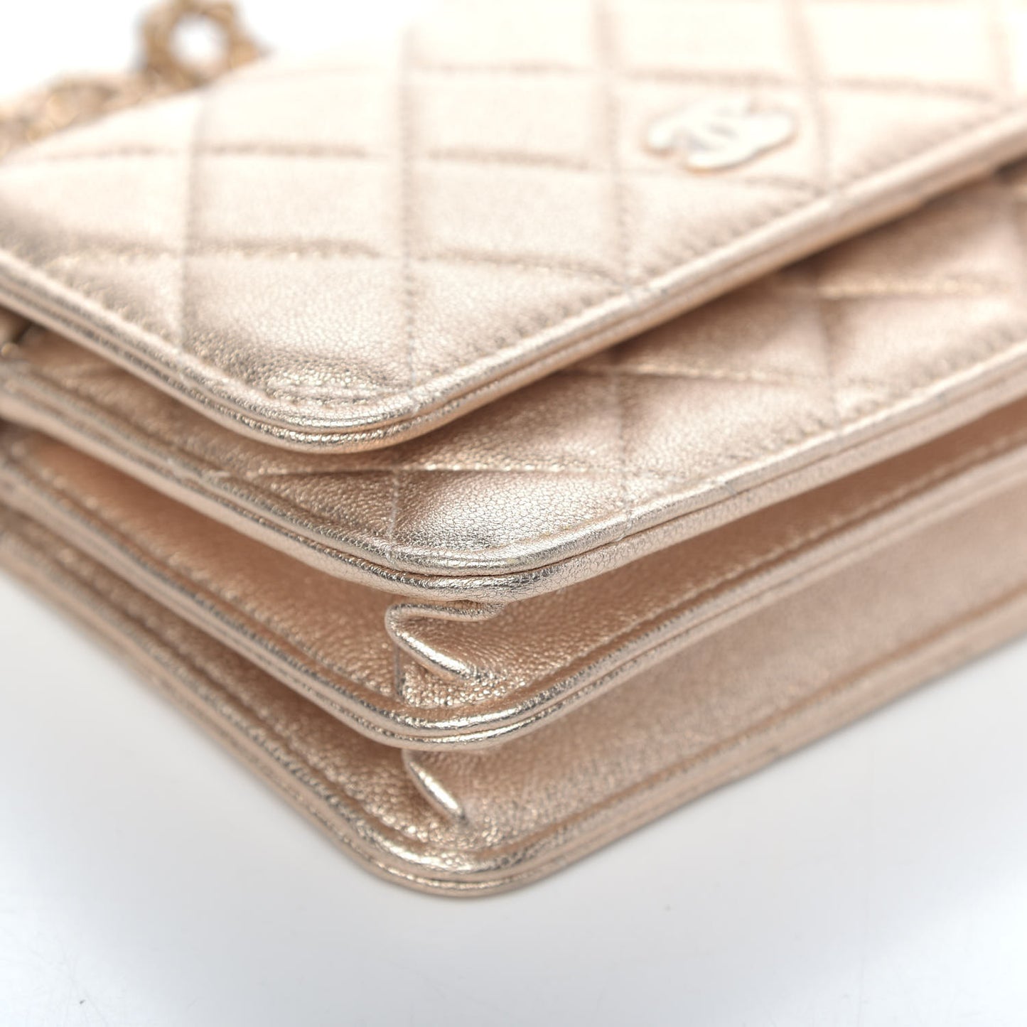 Metallic Lambskin Quilted Mini Wallet On Chain WOC Gold