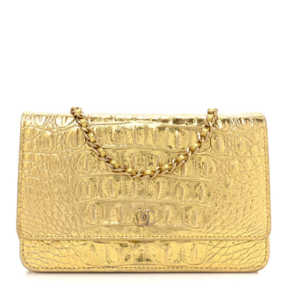 Chanel Metallic Calfskin Crocodile Embossed Cocodile Wallet On Chain WOC Gold 1 of 18