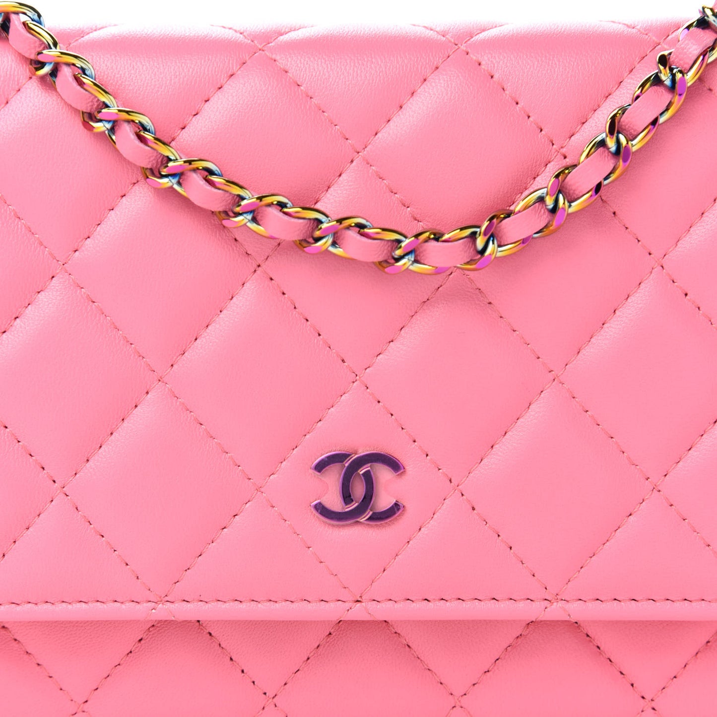 Lambskin Quilted Wallet On Chain WOC Pink Yellow