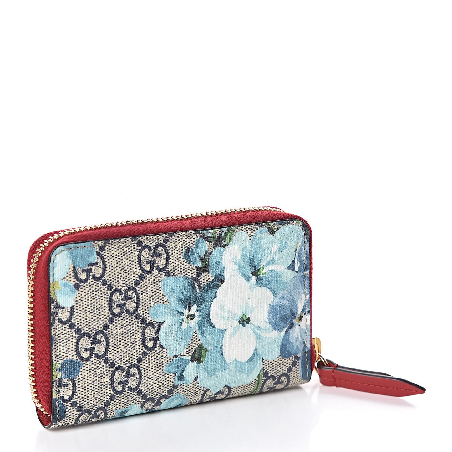 GG Supreme Monogram Blooms Zip Around Card Case Wallet Beige Blue Navy Hibiscus Red