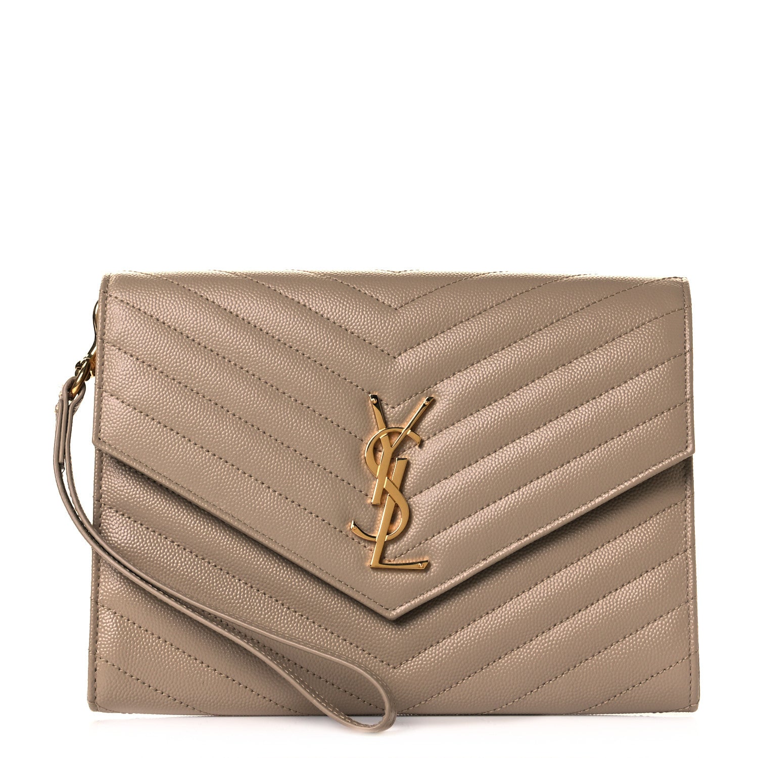 Saint Laurent Grain De Poudre Matelasse Chevron Monogram Envelope Clutch Dark Beige 1 of 6