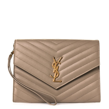 Saint Laurent Grain De Poudre Matelasse Chevron Monogram Envelope Clutch Dark Beige 1 of 6