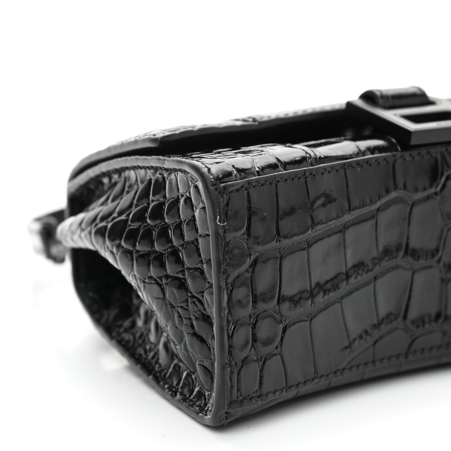 Shiny Calfskin Monochrome Crocodile Embossed Hourglass Top Handle Bag XS Black