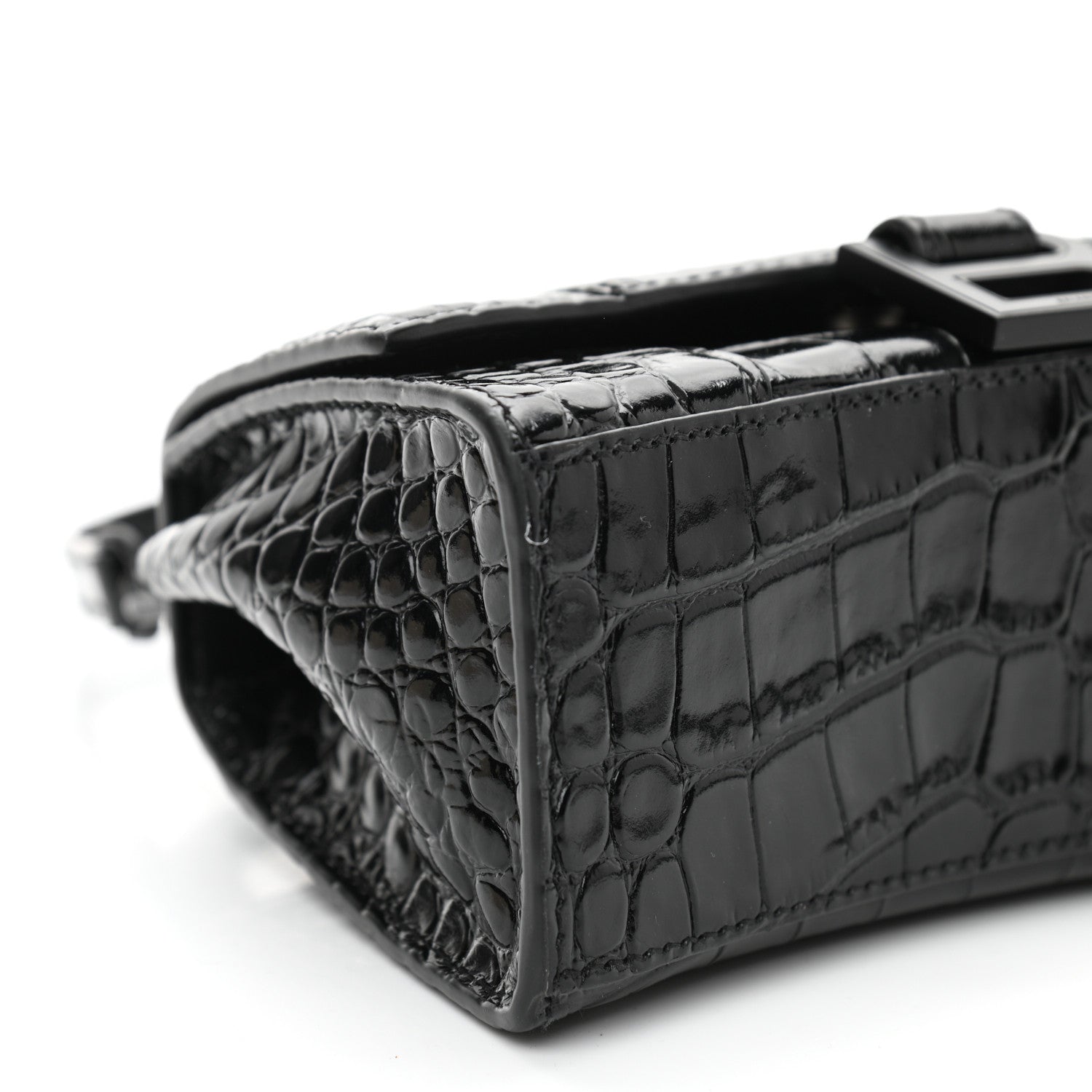 Balenciaga Shiny Calfskin Monochrome Crocodile Embossed Hourglass Top Handle Bag XS Black 7 of 8