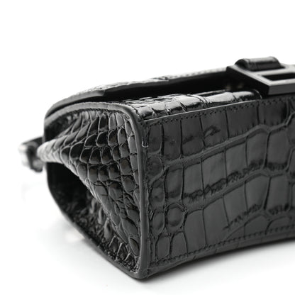 Balenciaga Shiny Calfskin Monochrome Crocodile Embossed Hourglass Top Handle Bag XS Black 7 of 8