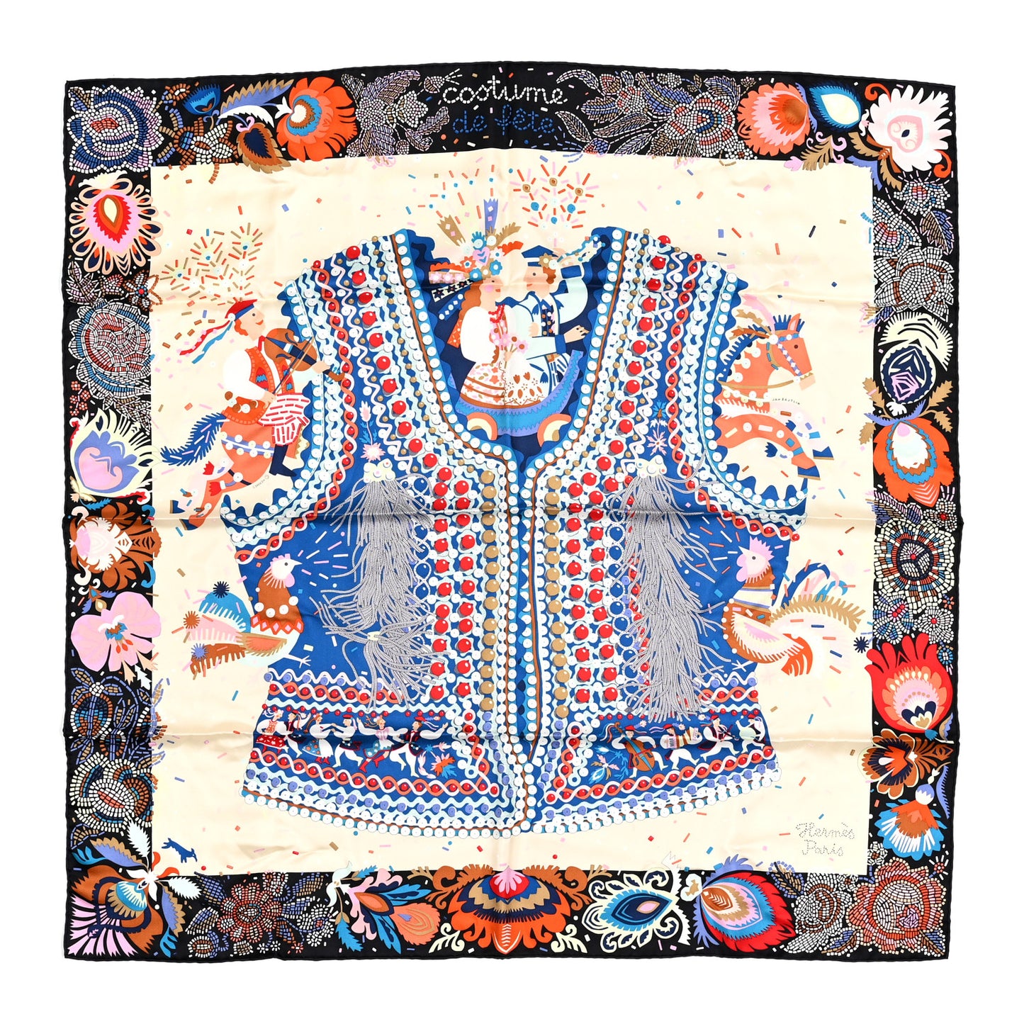 Silk Costume de Fete Scarf 90 Black Creme Bleu