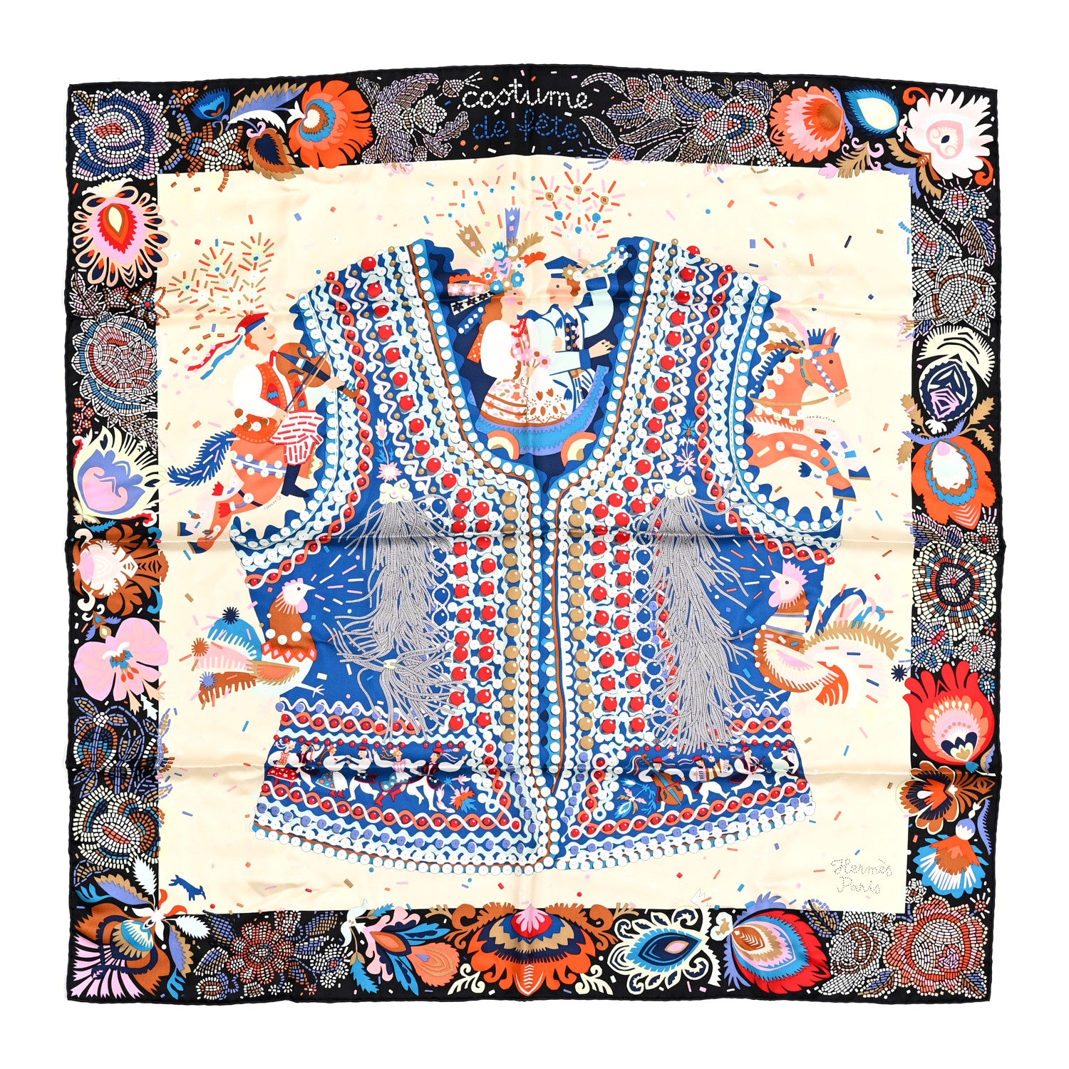 Hermes Silk Costume de Fete Scarf 90 Black Creme Bleu 1 of 4