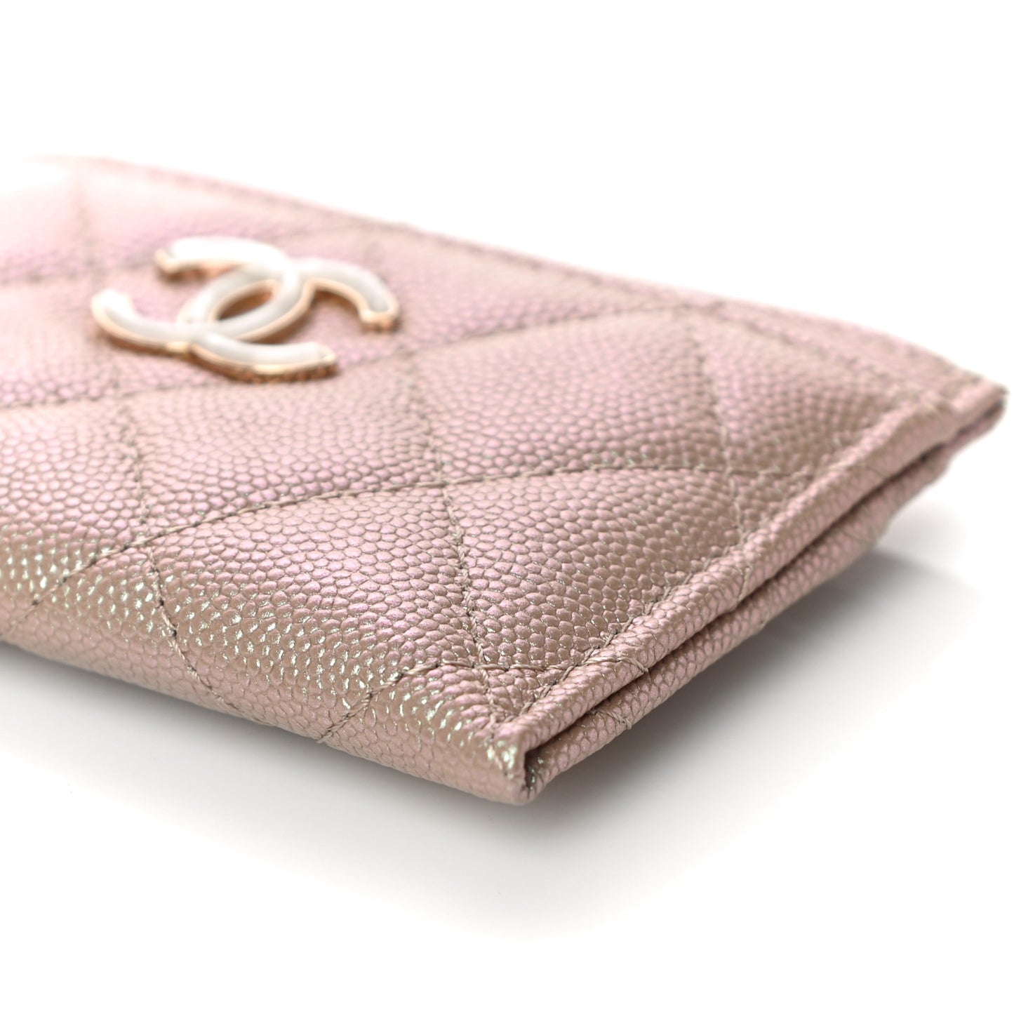Iridescent Caviar Quilted Card Holder Beige