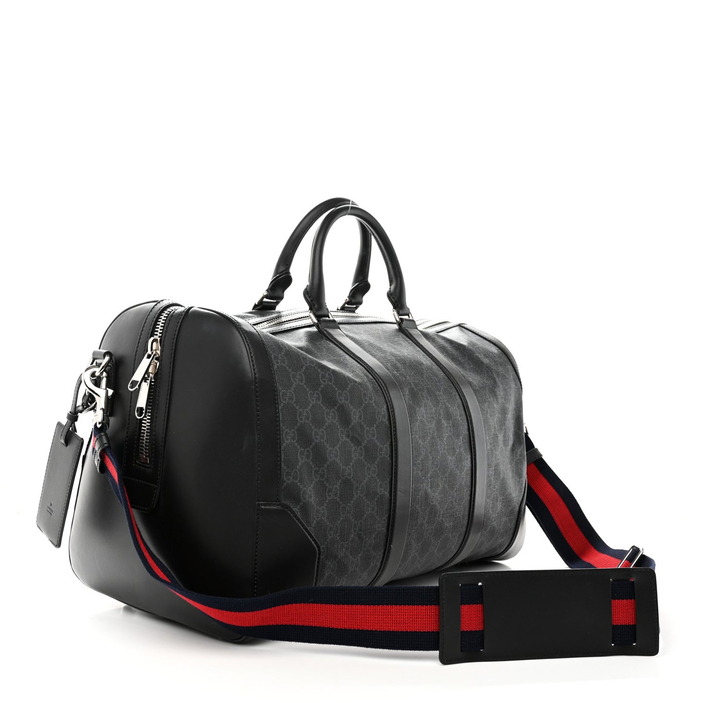 Soft GG Supreme Monogram Appia Calfskin Web Medium Carry On Duffle Bag Black Grey