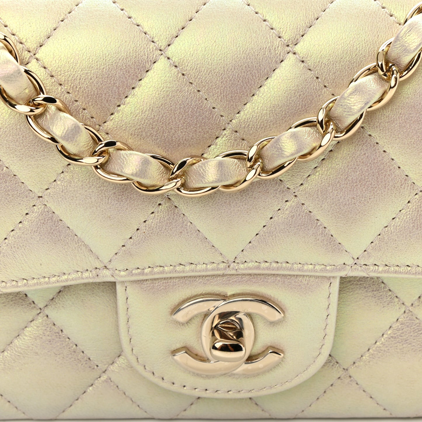 Iridescent Lambskin Quilted Mini Rectangular Flap Ivory