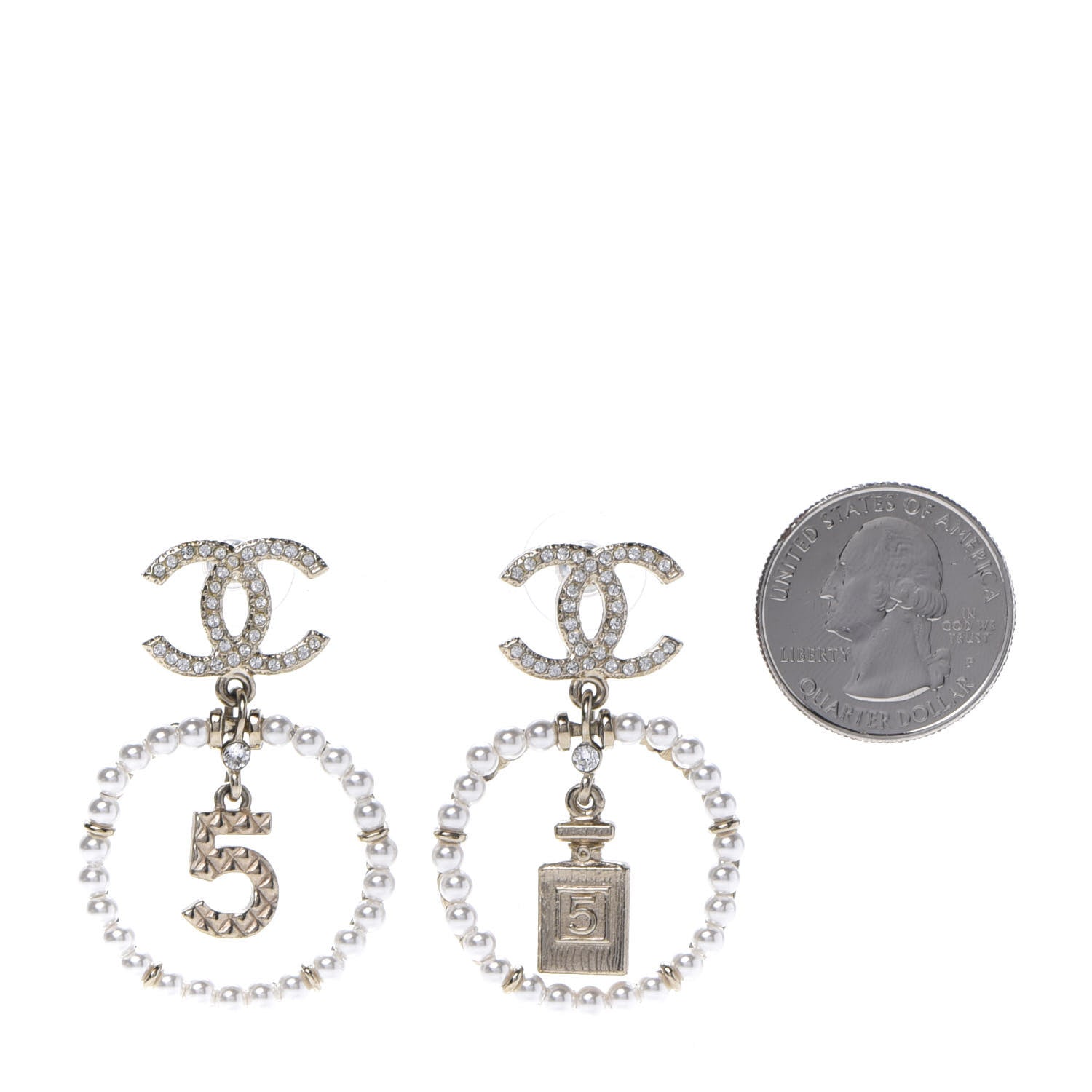 Chanel Crystal Pearl Charms CC Drop Earrings Gold 2 of 5