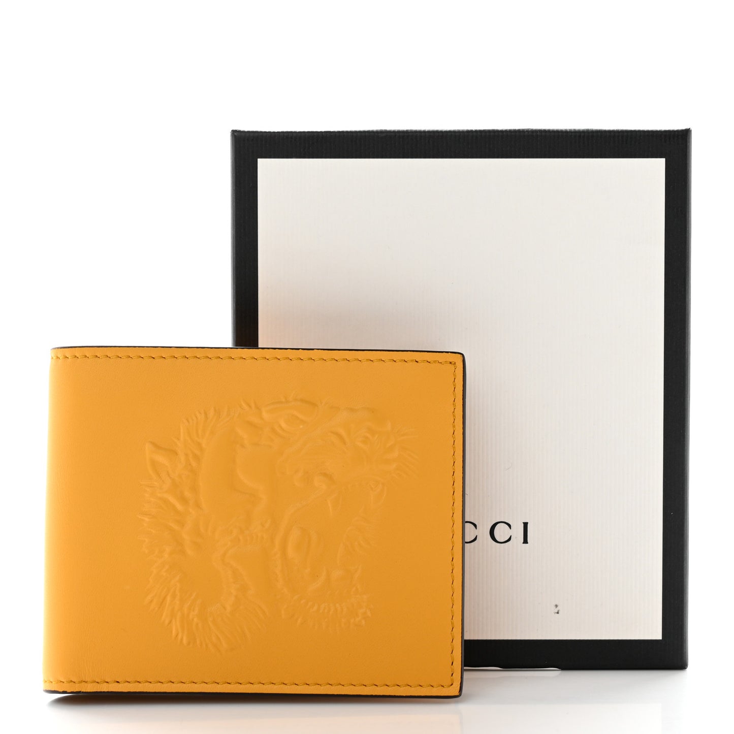 Calfskin Embossed Tiger Bi-Fold Wallet Yellow
