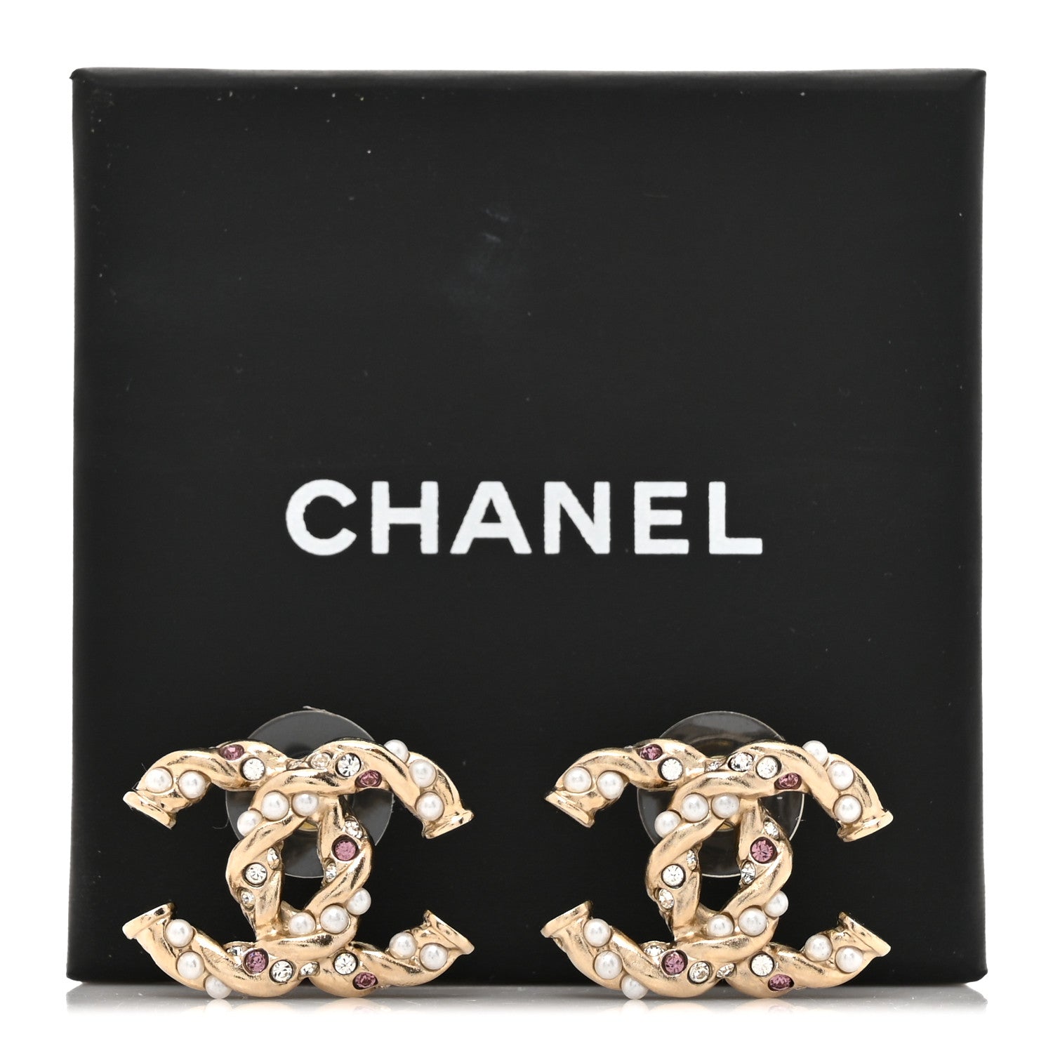 Chanel Metal Pearl Crystal Twisted CC Earrings Light Gold White Pink 6 of 6