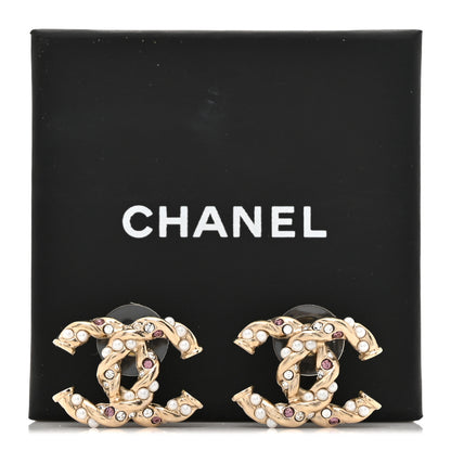 Chanel Metal Pearl Crystal Twisted CC Earrings Light Gold White Pink 6 of 6