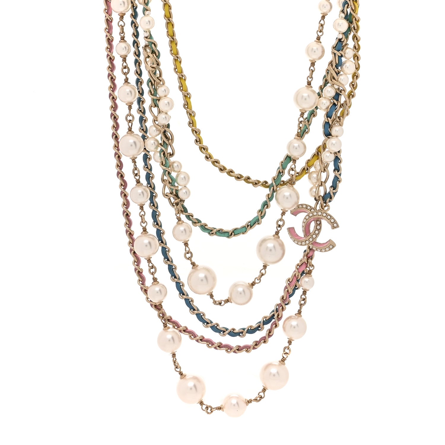 Chanel Pearl Crystal Lambskin CC Short Multi Strand Necklace Gold Multicolor 1 of 4