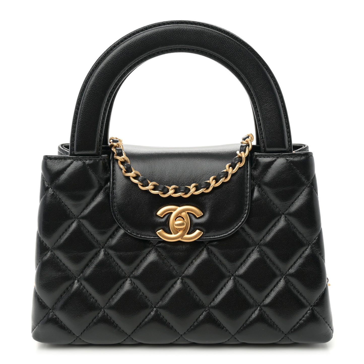 Shiny Aged Calfskin Quilted Nano Kelly Shopper Black