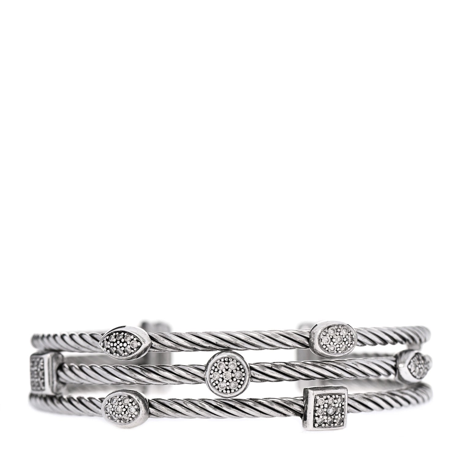 David Yurman Sterling Silver Diamond Three Row Confetti Cuff Bracelet 1 of 5