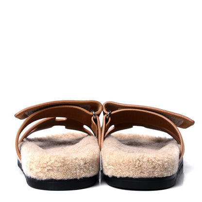 Hermes Suede Goatskin Woolskin Womens Chypre Sandals 37.5 Golden Beige 4 of 6