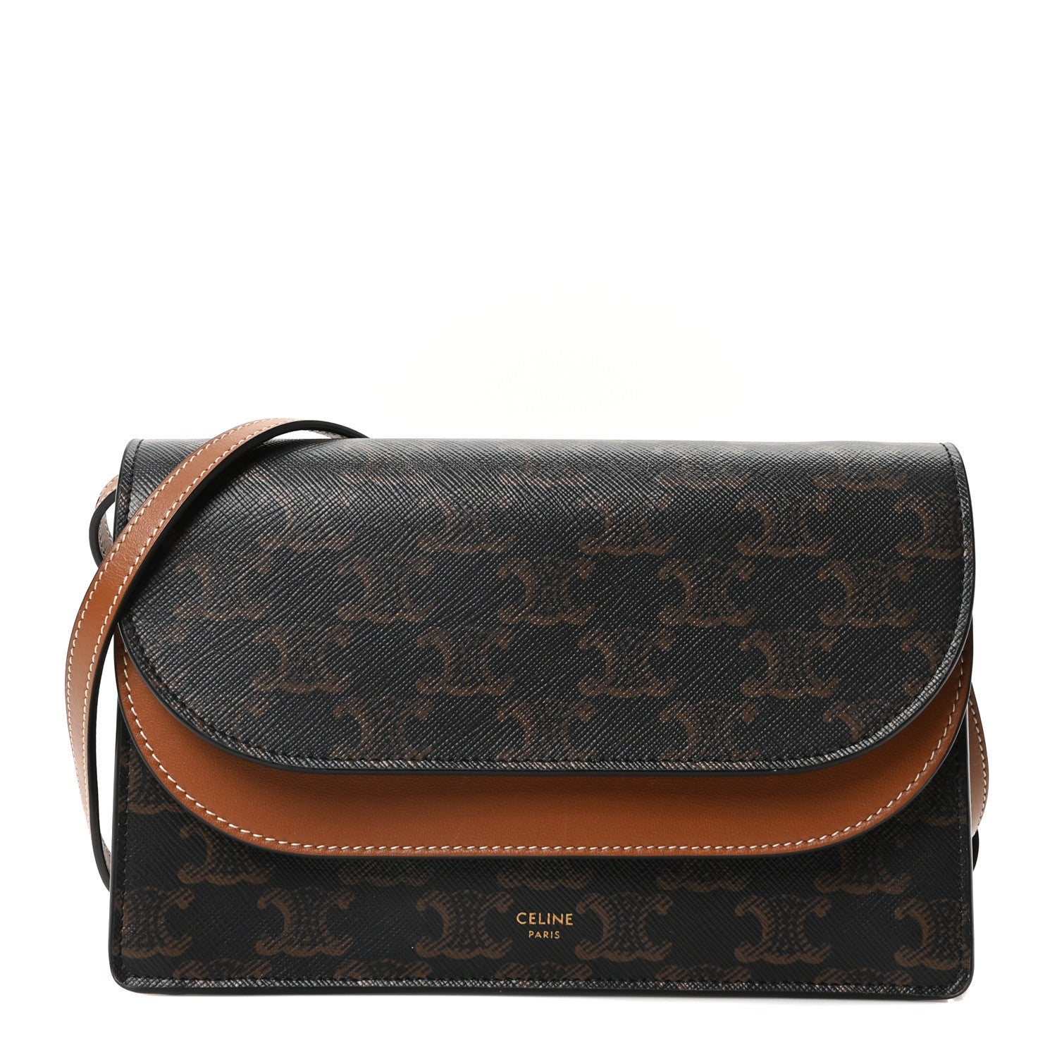 Celine Triomphe Canvas Lambskin Wallet On Strap Tan 1 of 10