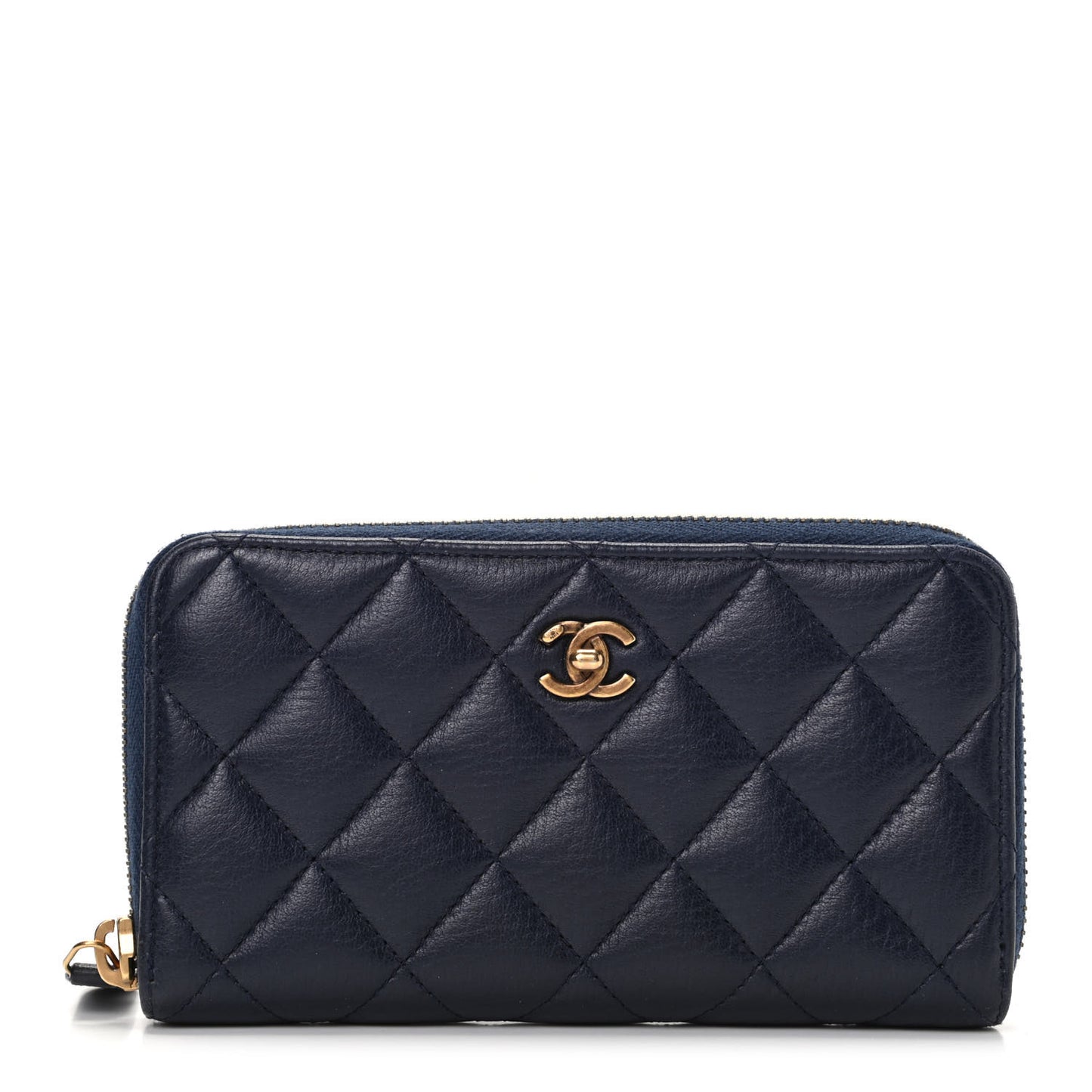Calfskin Quilted Small Zip Around Wallet Navy
