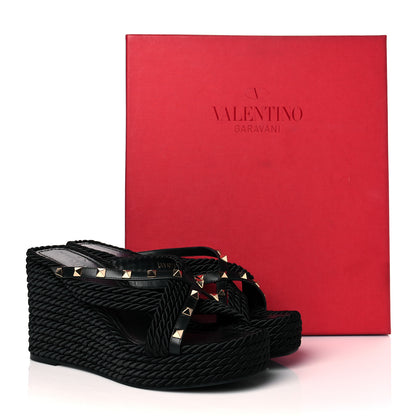Valentino Garavani Calfskin Silk Rockstud Torchon Espadrille Wedge 25/95mm Slide Sandals 40 Black 9 of 9
