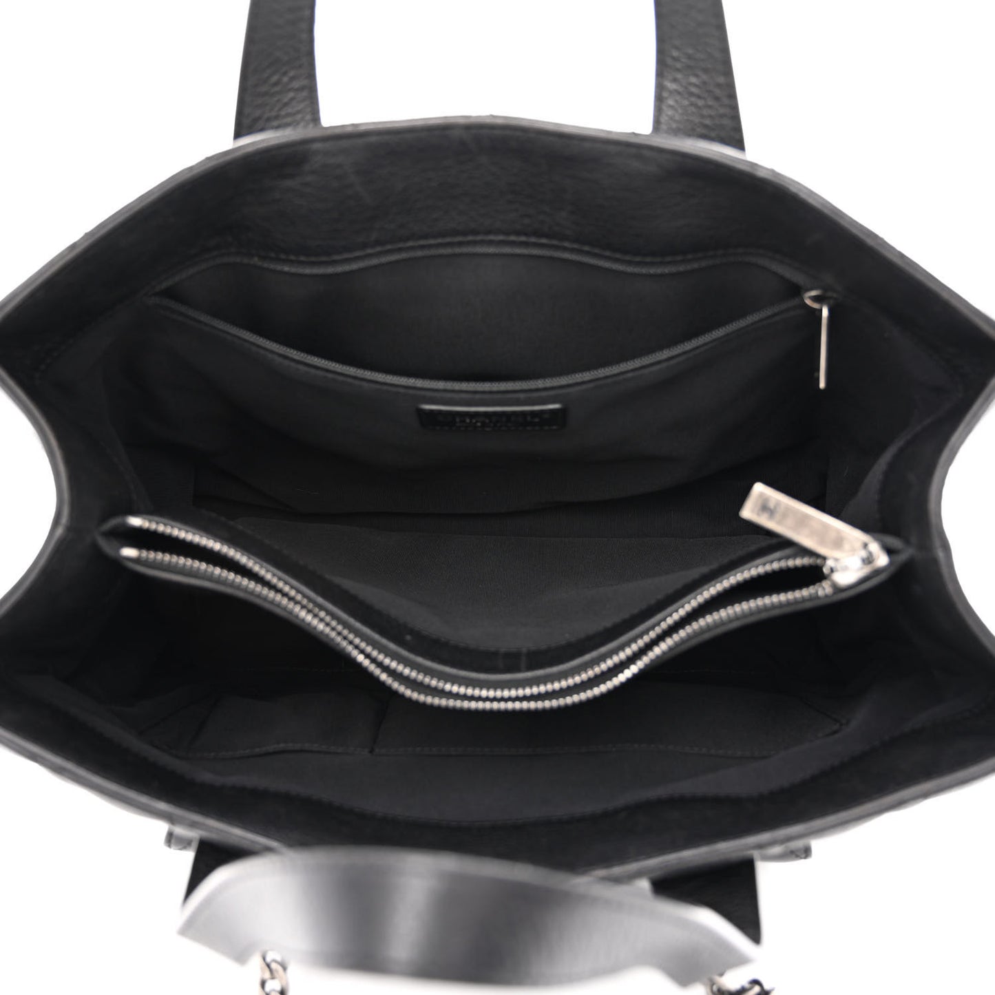 Metallic Grained Calfskin Quilted Large Casual Pocket Tote Black