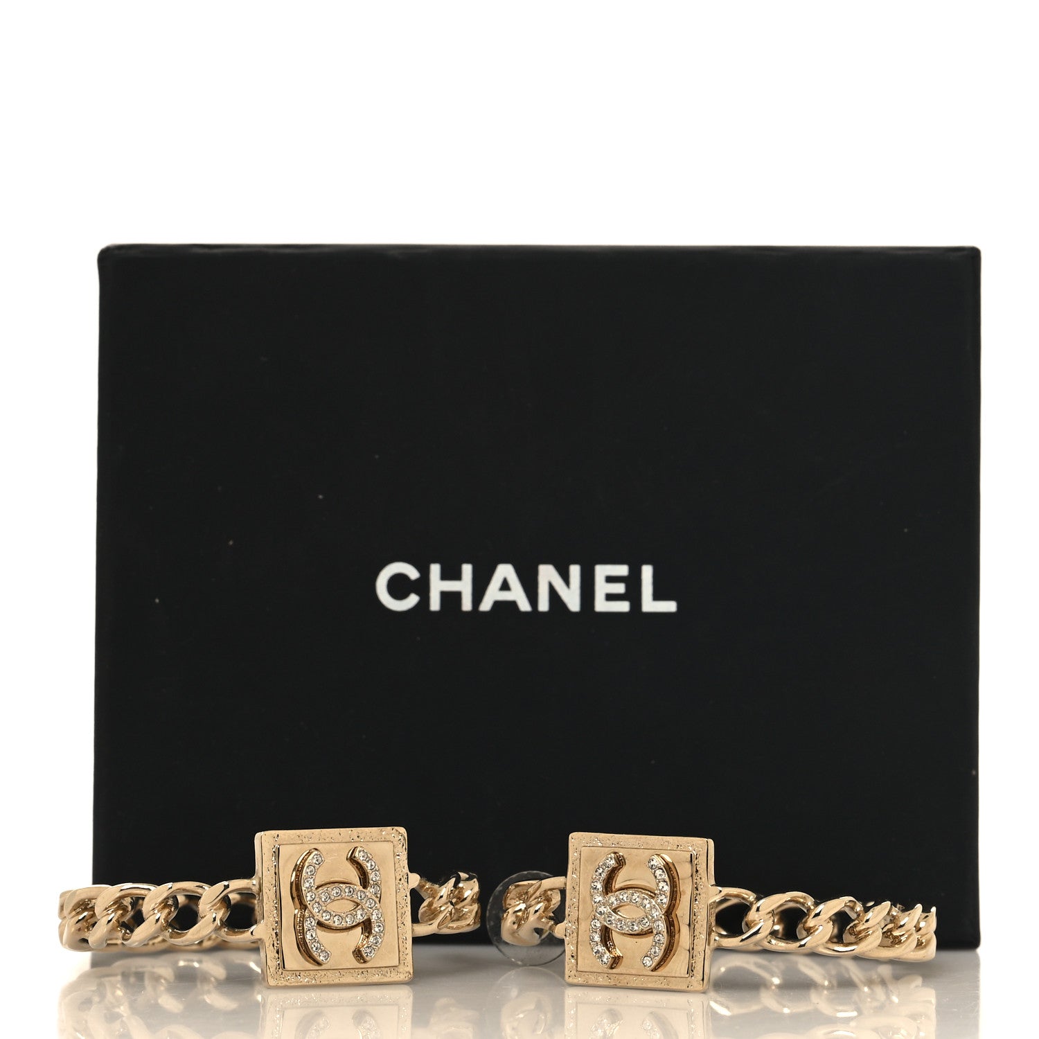 Chanel Metal Crystal CC Square Chain Hoop Earrings Gold 5 of 5