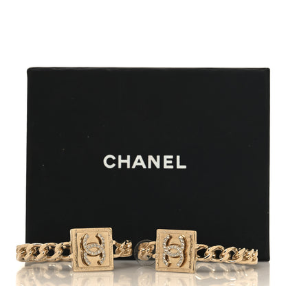 Chanel Metal Crystal CC Square Chain Hoop Earrings Gold 5 of 5